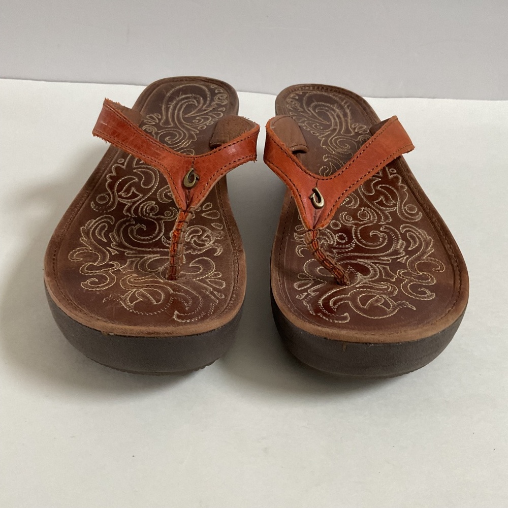 Olukai Paniolo Wedge Women’s Sz 8 Orange Brown Leather Thong Sandals - Picture 11 of 12